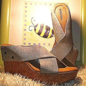 Studded peep toe cork wedge